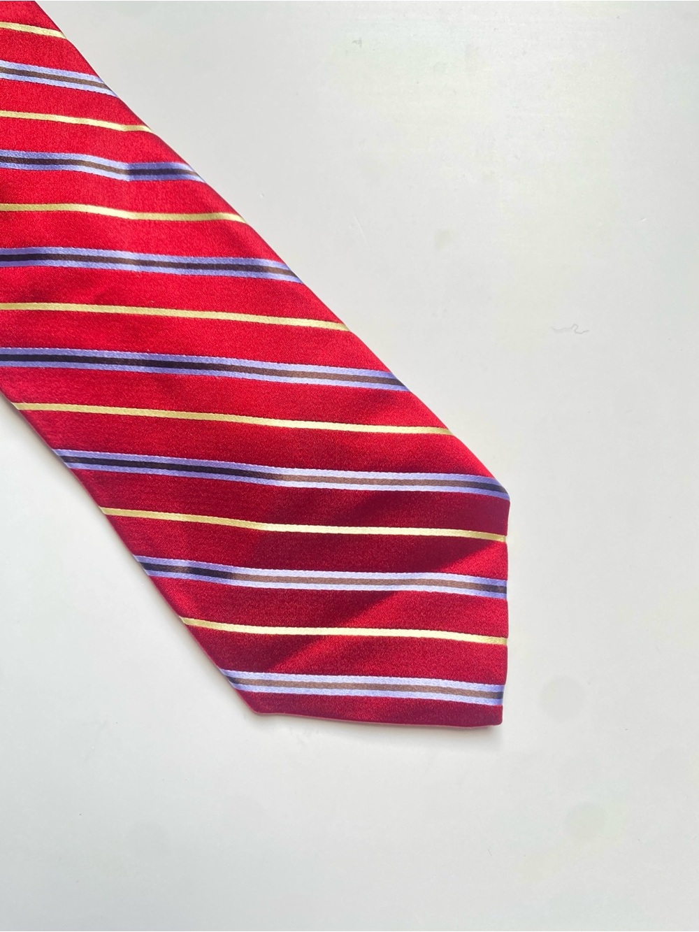 Signature Red Tie with Blue and Yellow Stripes %100 Italian Silk